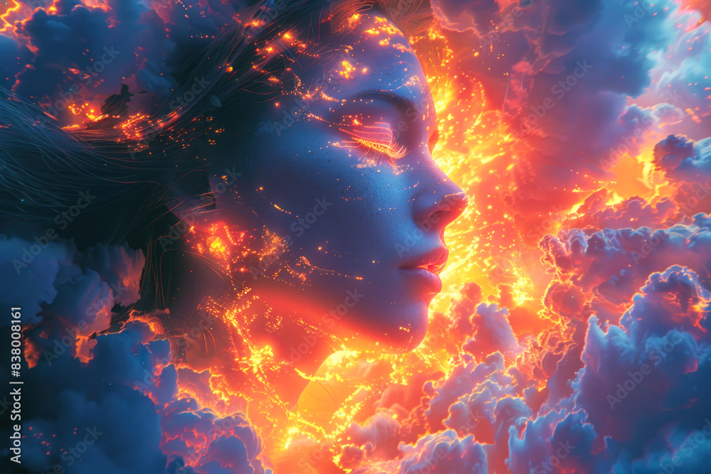 Obraz premium Surreal cosmic woman in fiery clouds