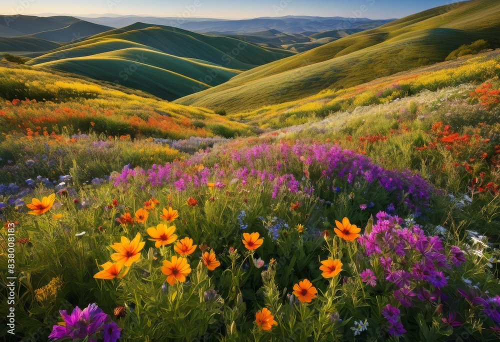 Obraz premium vibrant wildflowers blanket rolling hills full bloom landscape, colorful, hillside, meadow, picturesque, countryside, scenic, floral, field, grassy, beautiful