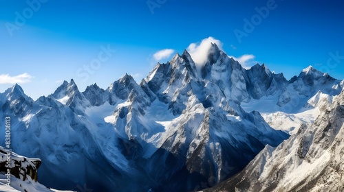 panoramic view of snow-capped mountains and blue sky