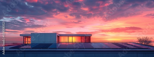Solar panels on the roof of a modern house at sunset. Modern house with solar panels.