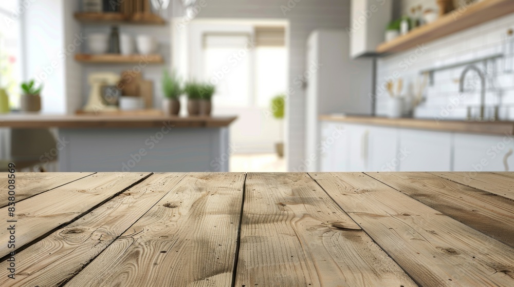 Wooden table perspective over a softly blurred kitchen interior ideal for product montages
