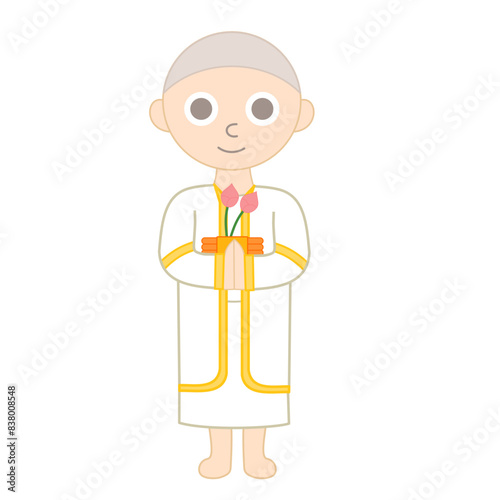 Buddhist ordination ceremony.Thai ordain.Buddhism religion and culture.Buddha.Happy Vesak Day Budha Purnima.Makha bucha day.Monk character and temple.Priest thailand.Cartoon vector illustration.