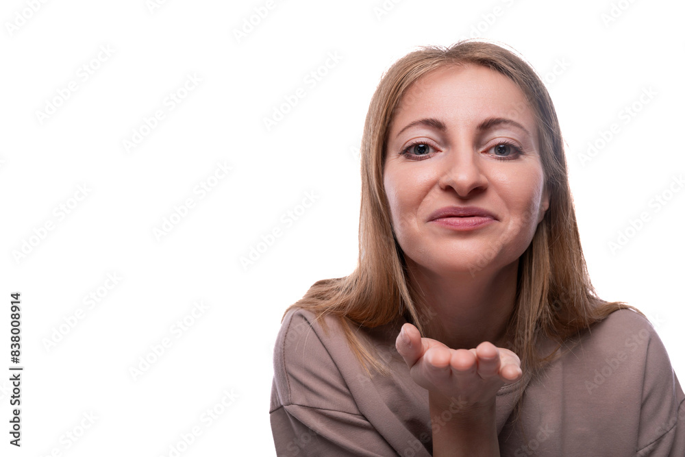 European woman with blond thin hair with a kind smile European woman with blond thin hair with a kind smile