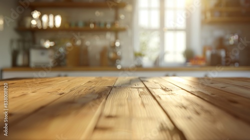 Wooden table perspective over a softly blurred kitchen interior ideal for product montages photo