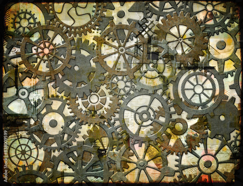 Horizontal or vertical grunge background with retro gears. Vintage transmission cogwheels and gears. Can be used for industrial, technical, mechanical and steampunk design