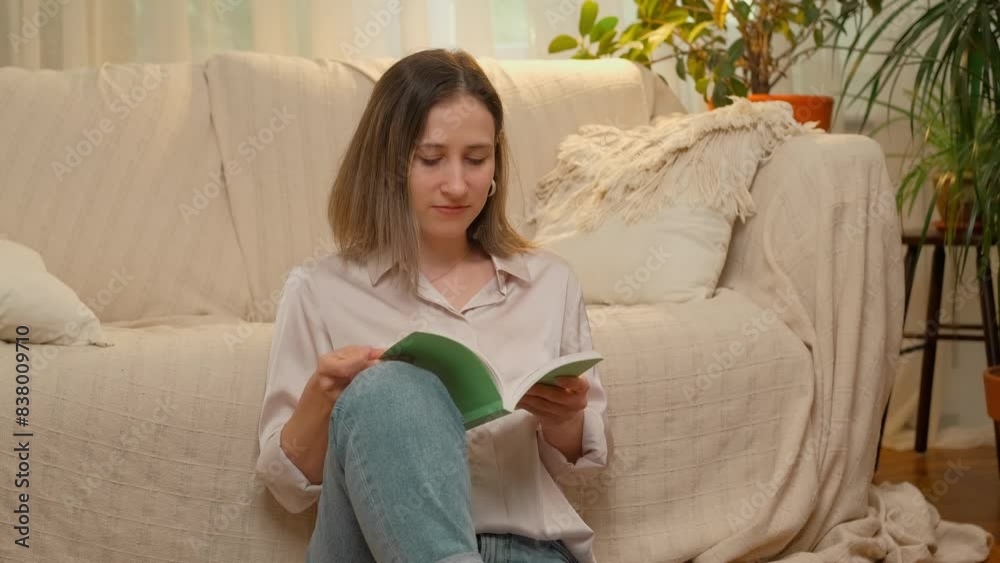 Woman sitting on floor reading a book, enjoying relaxed time in cozy living room with natural light.