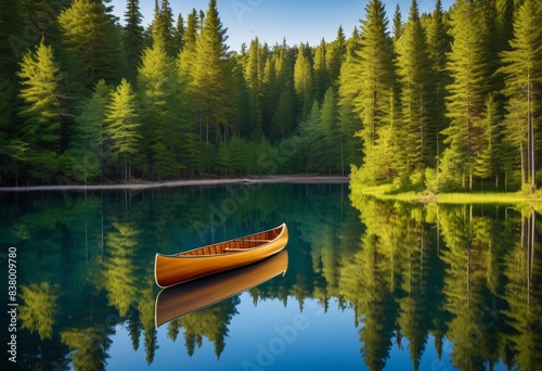 solitary canoe resting peaceful lake tranquil water reflections, shoreline, serene, paddle, relaxing, calm, still, quiet, rowboat, scenic, nature, idyllic, meditation