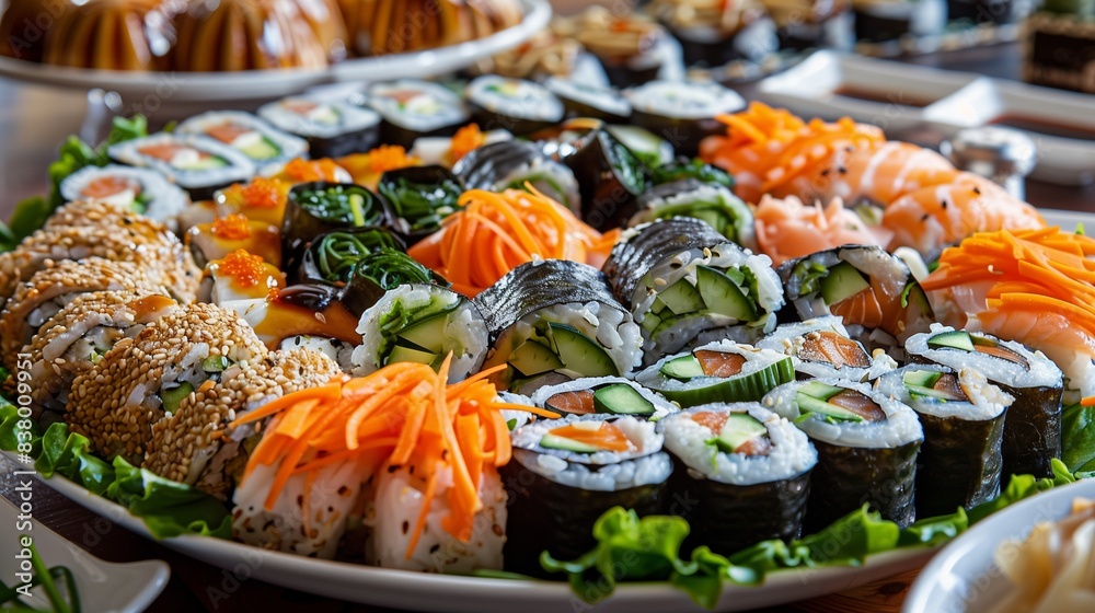 A beautifully arranged platter of assorted sushi rolls made with fresh vegetables, brown rice, and seaweed, garnished with pickled ginger and wasabi, on a modern dining table. A beautifully arranged platter of assorted sushi rolls made with fresh vegetables, brown rice, and seaweed, garnished with pickled ginger and wasabi, on a modern dining table.
