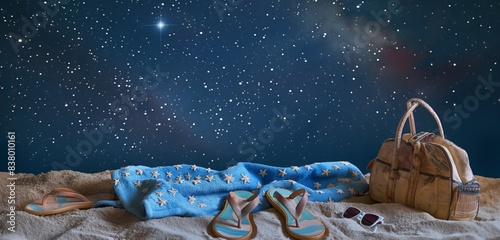 A pair of flip-flops and a beach towel neatly laid out on the sand, with a beach bag and sunglasses nearby under a starry sky.