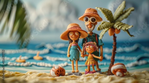 Plasticine character. Dad and his daughters on vacation at the beach. © Vladyslav  Andrukhiv