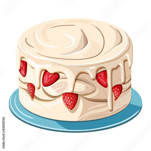 A cream cake with white icing decorated with strawberries. Illustration on a white background