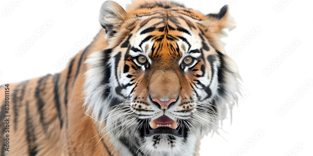 Fototapeta premium Fierce tiger facing camera with mouth open isolated on white background. Concept Animal Photography, White Background, Tiger Portrait, Aggressive Expression