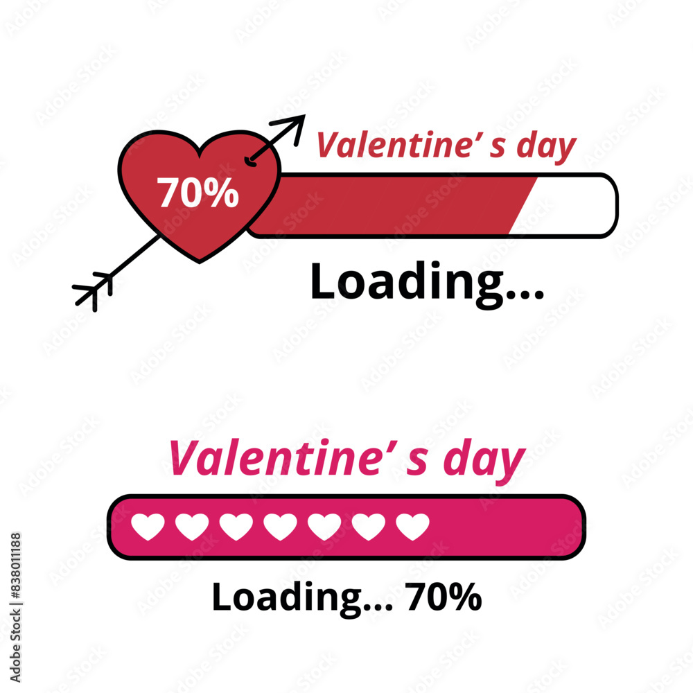 Two Valentine's day loading bar vector illustrations, tell your partner your level of love, 70%.