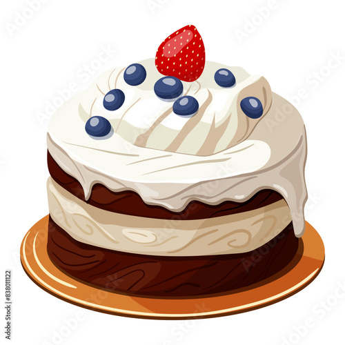 Chocolate cream cake decorated with strawberries and blueberries. Illustration on a white background
