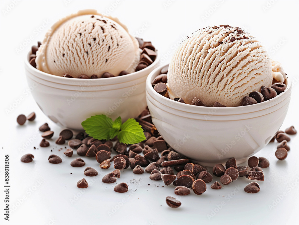 Vanilla Ice Cream in White Bowls with Chocolate Chips Vanilla Ice Cream in White Bowls with Chocolate Chips