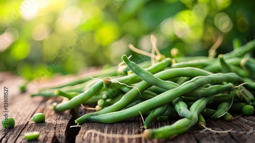 A close-up of freshly picked green beans, with a few scattered around on a rustic wooden table, against a blurred garden background.