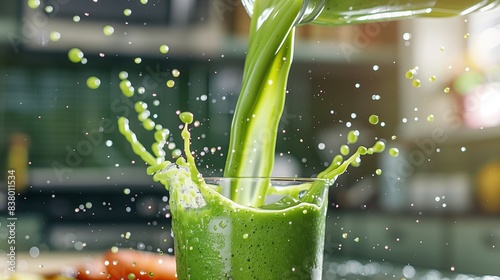 A close-up shot of a fresh, vibrant green smoothie being poured into a glass, with splashes frozen in motion, and a blurred kitchen background.