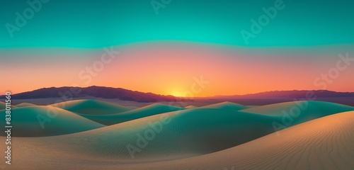 A panoramic view of a desert with rolling sand dunes under a gradient sunset sky, transitioning from turquoise to deep orange.