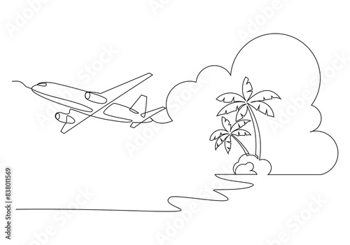 Continuous single one line art sketch drawing of airplane flying over beach sea with palm coconut tree tropical summer landscape holiday travel vector illustration