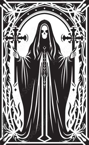 Santa Muerte Black and White Vector Santa Muerte Crowned Graphic Art