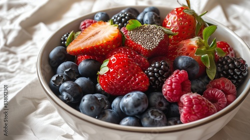 A delicious bowl of mixed berries  including strawberries  blueberries  raspberries  and blackberries  topped with a sprinkle of chia seeds  set on a white  textured tablecloth.