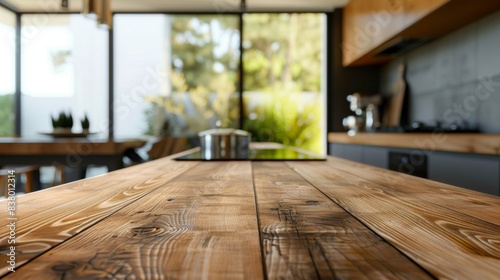 Wooden table top with a blurred contemporary kitchen backdrop perfect for product presentations