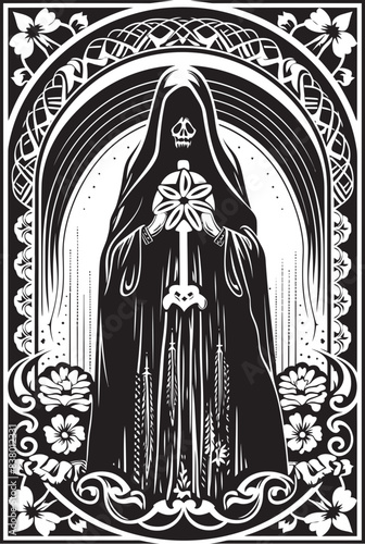 Black and White Santa Muerte Vector Crowned Santa Muerte Graphic Art