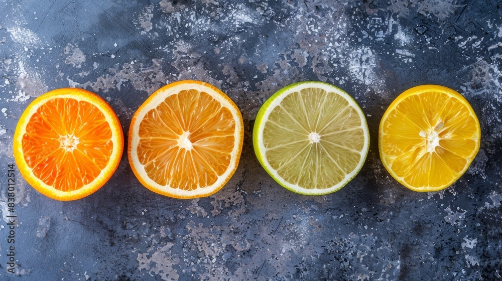 Fresh Citrus Fruits in a Row on Rustic Background - Orange, Lemon, Lime, and Grapefruit Halves Displayed in a Line Fresh Citrus Fruits in a Row on Rustic Background - Orange, Lemon, Lime, and Grapefruit Halves Displayed in a Line