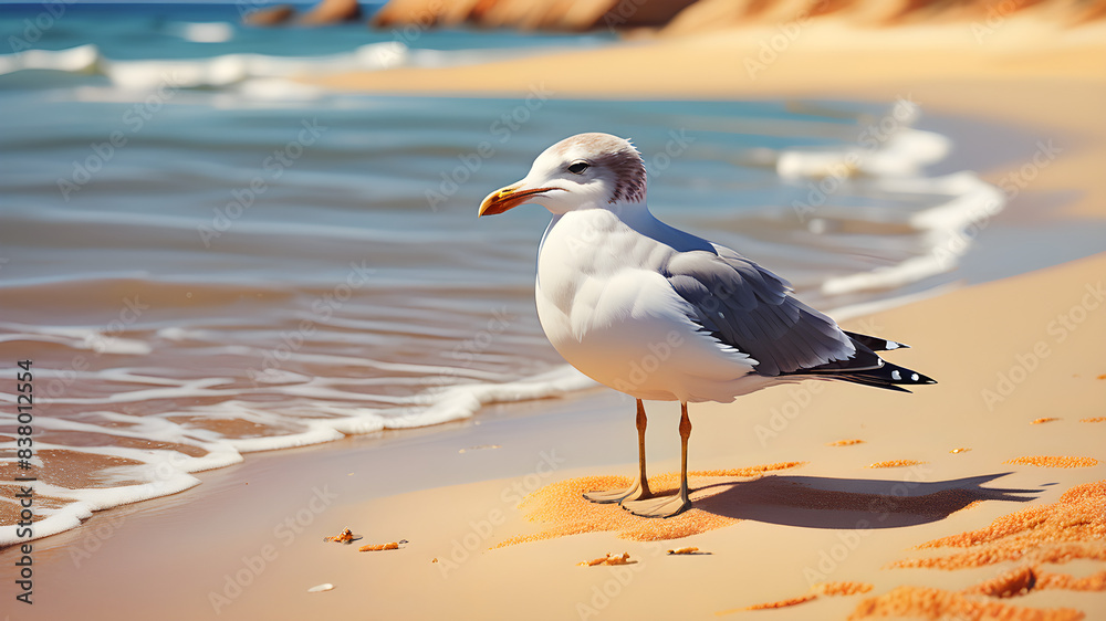 Fototapeta premium A little seagull on a pretty beach surrounded by golden sand and blue water.in drawing style color