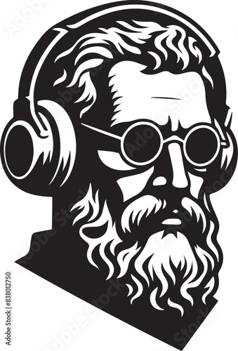 Stoic Philosopher with Headphones and Glasses Vector Illustration Silhouette. Black Human Face Design  