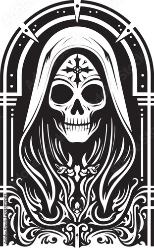 Graphic Art of Candlelit Santa Muerte Crowned Skeleton Icon of Santa Muerte