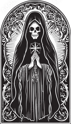 Crowned Skeleton Icon of Santa Muerte Praying Design of Santa Muerte