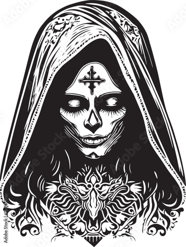 Gold Coin Graphic of Santa Muerte Cloaked Icon Vector of Santa Muerte