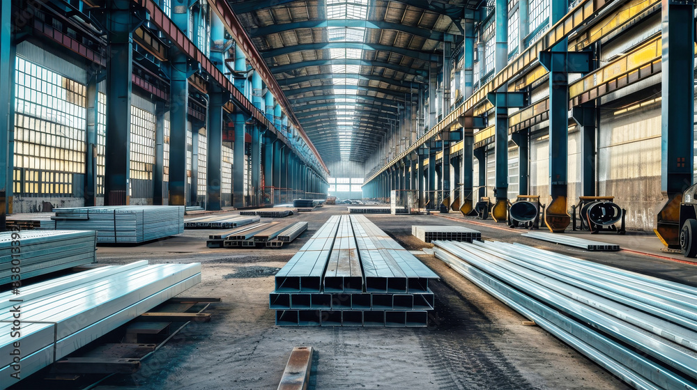 A vast warehouse boasts an abundance of steel beams towering high in organized stacks, creating a landscape reminiscent of a modern urban jungle A vast warehouse boasts an abundance of steel beams towering high in organized stacks, creating a landscape reminiscent of a modern urban jungle
