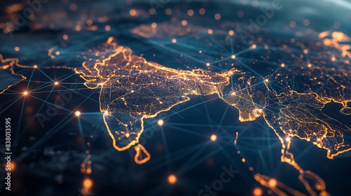 India and Southeast Asia network map illuminated with glowing digital connections and lights.