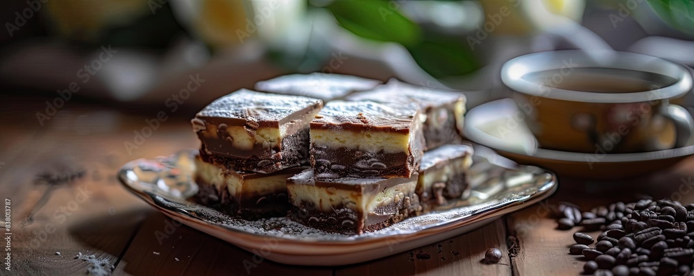 Delicious chocolate vanilla layered bars on a decorative plate, perfect for dessert with a cup of tea or coffee. Delicious chocolate vanilla layered bars on a decorative plate, perfect for dessert with a cup of tea or coffee.