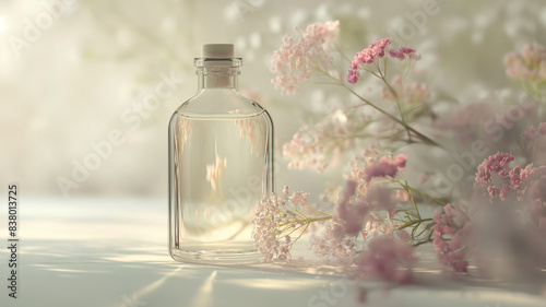 Cosmetics and flowers on pastel background