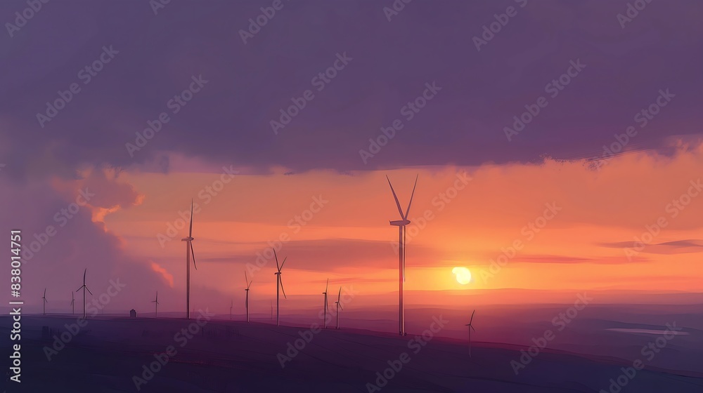 Obraz premium Wind Turbines on Hill at Sunset with Vibrant Sky and Cloudy Horizon