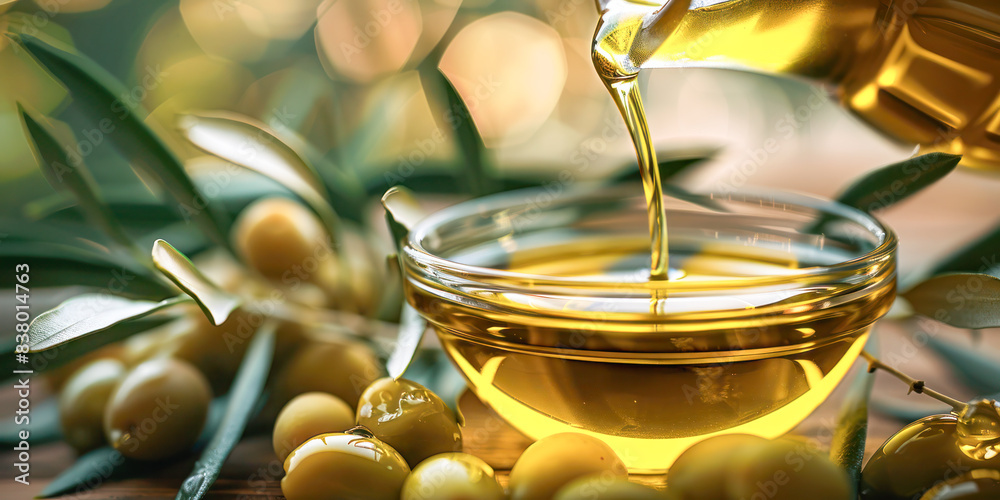 Pouring Olive Oil with Fresh Olives. A golden stream of olive oil being poured into a glass bowl, surrounded by fresh olives and olive branches, showcasing the richness and purity of the oil. Pouring Olive Oil with Fresh Olives. A golden stream of olive oil being poured into a glass bowl, surrounded by fresh olives and olive branches, showcasing the richness and purity of the oil.