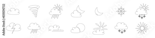 Weather one single line symbols set. Continuous editable stroke hand drawn line. Vector stock illustration isolated on white background for design template travel blog, meteorology forecast day.