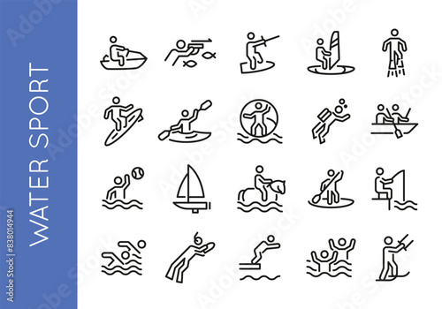 Water sports icons. Set of 20 water sports trendy minimal icons. Examples: Jet Ski, Scuba Diving, Wakeboarding, Surfing. Design signs for web page, mobile app, packaging design. Vector illustration. photo