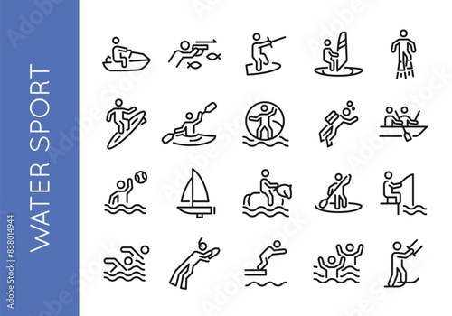 Water sports icons. Set of 20 water sports trendy minimal icons. Examples: Jet Ski, Scuba Diving, Wakeboarding, Surfing. Design signs for web page, mobile app, packaging design. Vector illustration.