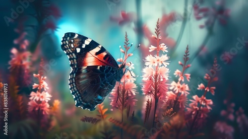 A butterfly is flying over a field of flowers © Дмитрий Симаков