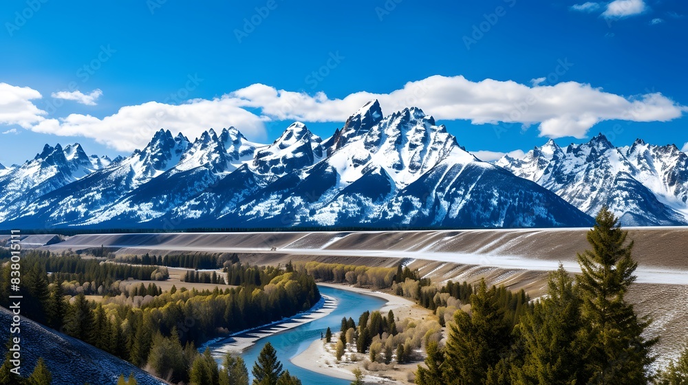 Panoramic view of snow capped mountains and river in Alaska.
