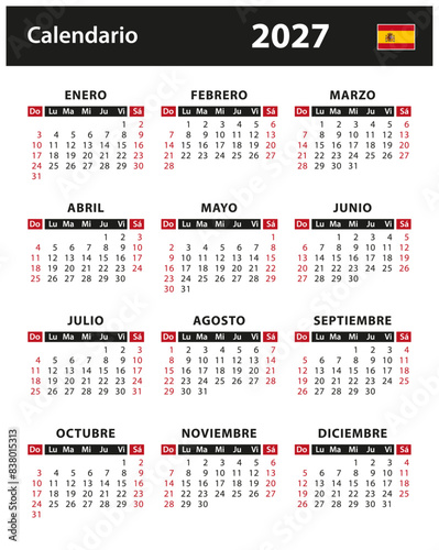 2027 Calendar - vector stock illustration. Spain, Spanish version | Calendario 2027 - ilustración vectorial de stock. España, versión en español