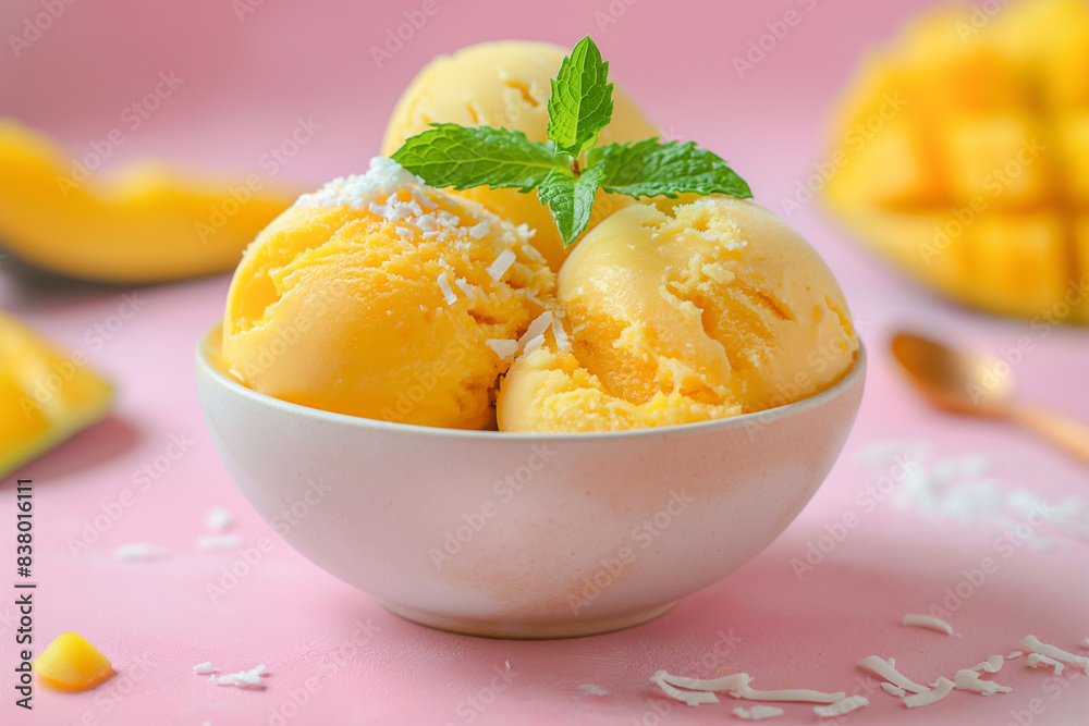 scoops of yellow ice cream in white bowl on pink background. refreshing and creamy texture. Ideal for illustrating articles or promotions about summer treats and dessert options. scoops of yellow ice cream in white bowl on pink background. refreshing and creamy texture. Ideal for illustrating articles or promotions about summer treats and dessert options.