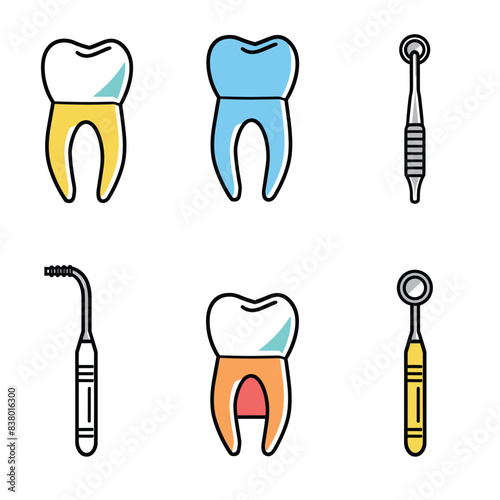 Dental care vector illustrations depict healthy teeth dental tools. One tooth has gold crown, another exposed red root, instruments include mirror electric toothbrush