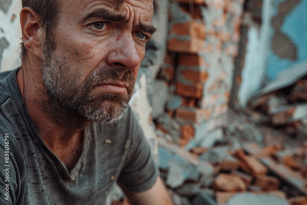 Generative AI illustration of miserable people in damaged city house ruins suffering from loneliness war Generative AI illustration of miserable people in damaged city house ruins suffering from loneliness war