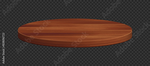 Vector 3d wooden circle podium. Round empty dark wood pedestal on transparent background. Natural product display presentation scene template element, realistic tabletop.