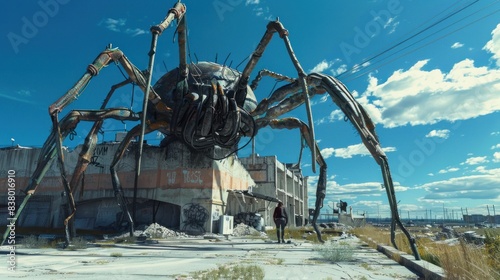 Giant spider robot on blue sky background.